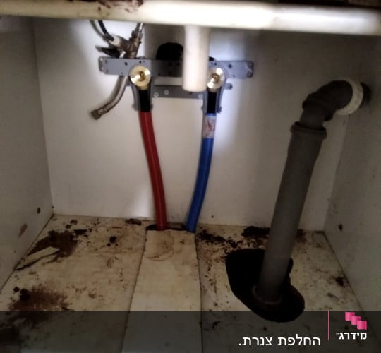 צינורות מים אדום וכחול מתחת לכיור